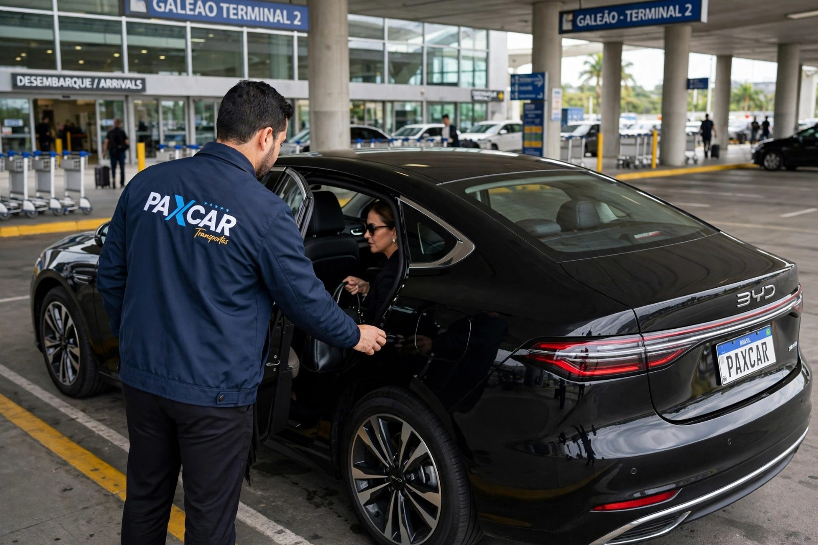 Motorista PaxCar recebendo passageira no Aeroporto Galeão